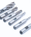 Set of six 4-flute center-cut end mills with 3/8 inch shanks; sizes 1/8, 3/16, 1/4, 5/16, 3/8, 1/2 inch