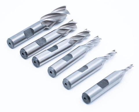 Set of six 4-flute center-cut end mills with 3/8 inch shanks; sizes 1/8, 3/16, 1/4, 5/16, 3/8, 1/2 inch