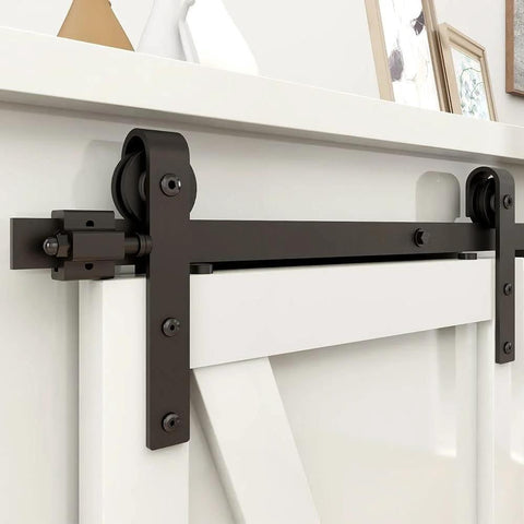 Two And A Half Foot Sliding Barn Door Hardware Kit For Single Door TV Stands And Small Cabinets J Shaped Hanger System with frosted black finish