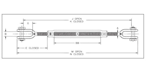 Workhorse Grade Jaw And Jaw Turnbuckle Hot Dip Galvanized Steel 1 Inch By 18 Inches technical drawing with detailed measurements.