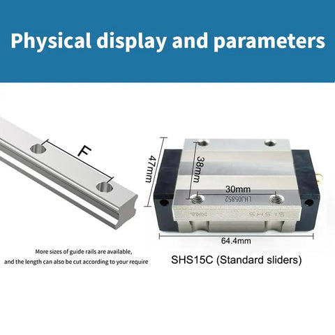 SHS15C Linear Block Guide Slider with dimensions, standard size, precision linear motion, durable metal body, Made in Japan.