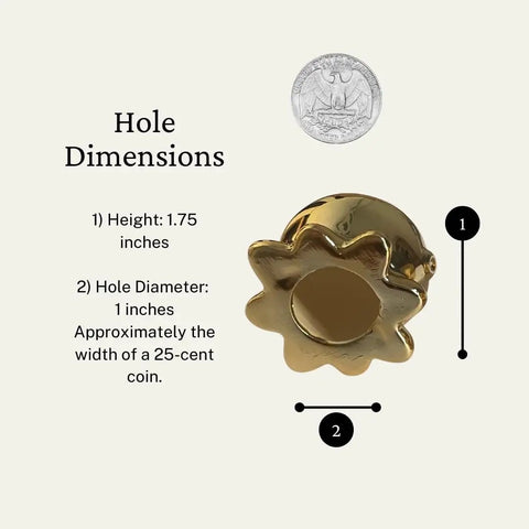Darn Slick Ceramic Gold Octopus Toilet Bolt Caps Two Pack detailed hole dimensions and size comparison with quarter coin.