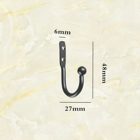 Hella Compact Black Metal Wall Hooks For Belts And Keys With Vintage Iron Curve Super Durable Purse Hangers showing dimensions 6mm, 27mm, 48mm.