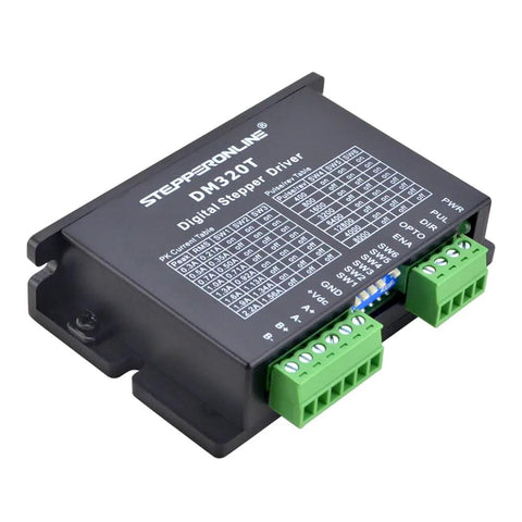 StepperOnline DM320T digital stepper driver, black enclosure with green screw-terminal blocks.