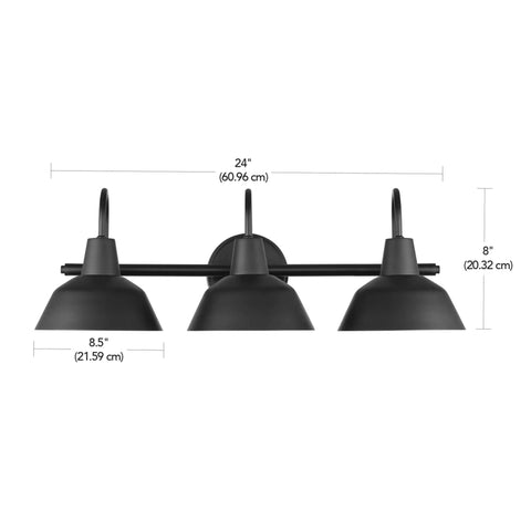 Barnyard 3 Light Vanity Fixture In Matte Black With White Interior Shades, front view, showing measurements, ideal for bathrooms.
