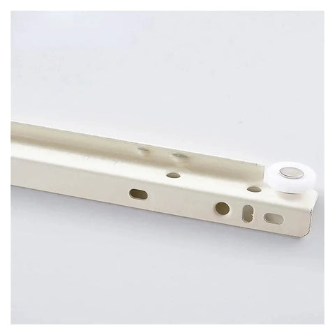Close-up of thickened two section drawer slide rails with quiet roller pulley for easy glide and partial pullout drawers.