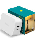 Smart Dimmer Plug For Dimmable Lamps And Lights, 300W Max, Dual Outlets, shown with packaging and lamp illustration