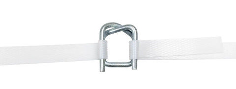 Close-up of buckle in Portable One Half Inch Polypropylene Strapping Kit with mini coil tool, 3000 ft poly strapping