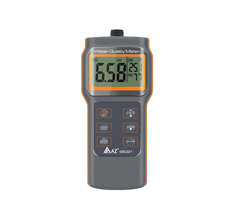 Front view of All In One Multi Parameter Water Quality Tester With Dissolved Oxygen And Temperature Meter PH Conductivity TDS And Salinity Readouts On Large LCD Screen Uses Separate Probes For PH EC TDS Salinity Ideal For Aquaculture And Lab showing digital display on a grey casing.