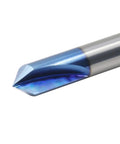 Heavy Duty 1/4 Inch Carbide Router Bit With Solid Nano Blue Coating For Angled V Groove And Chamfering On Hardwood And MDF Smooth High Speed Carving close-up showing the chamfered edge.