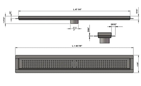 Heavy Duty 47 Inch Linear Shower Drain With Slick Brushed Nickel Finish Solid 304 Stainless Steel Frame dimensions diagram