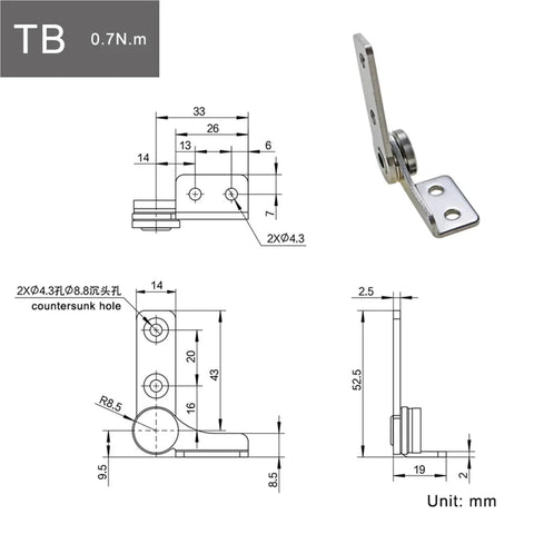 Front and side views of a 304 stainless steel damping hinge with mounting plate and TB 0.7 N·m right-hand torque.