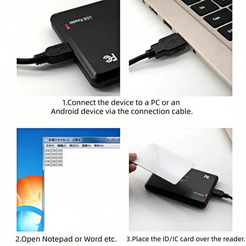 125KHz RFID Reader Card Scanner with USB proximity card emulation connected to PC, showing usage with card