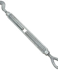Heavy Duty Galvanized Steel Hook And Eye Turnbuckle Five Eighths By Twelve Inches Forged Rigging Gear With Badass Grip angled view.