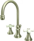 Governor Widespread Lavatory Faucet With Brass Pop Up Drain And Porcelain Cross Handles Brushed Nickel Finish 8 To 16 Inch Adjustable Center Solid Brass Drip Free Ceramic Disc Cartridge 1.2 GPM Flow At 60 PSI Half Inch IPS Connection