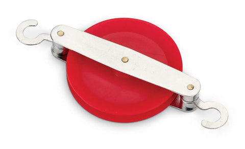 Red pulley with metal hooks from Physics Classroom Pulley Kit With String And Weights And Color Coded Pulleys From Single To Tandem Configurations