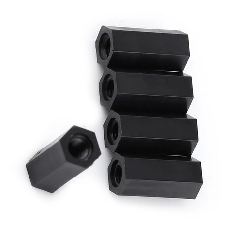 Order 100 M3 Female To Female Hex Nylon Standoff Spacers Black Pillars For Circuits And Machinery Mounting displayed in a group.