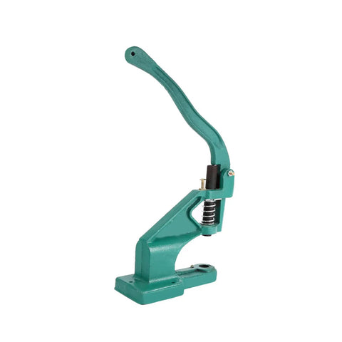 Grommet Eyelet Hand Press Tool With Interchangeable Dies, Portable Manual Banner Punch side view, green metal construction.