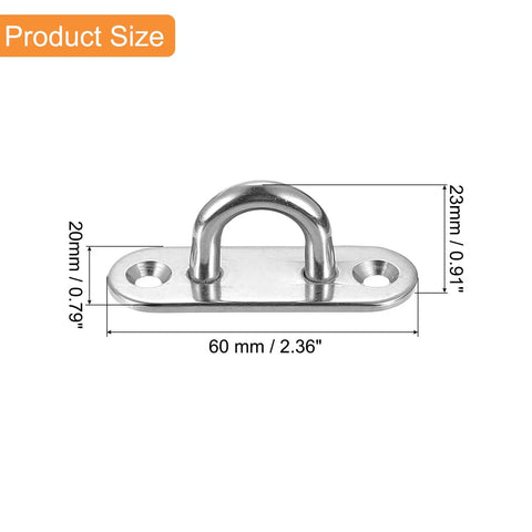 20 Pack 304 Stainless Steel Pad Eye Plate U Hooks Badass Heavy Duty 2.4 Inch Marine Boat Garage Hangar Top Shelf Rugged 220 Lb Secure Mounting Brackets Silver showing dimensions 60x20x23mm.