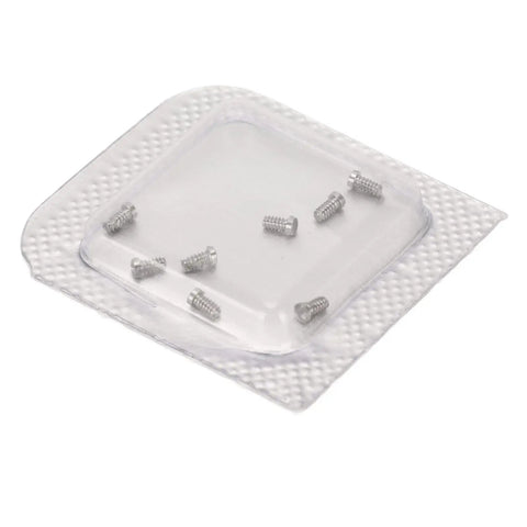 Pro Grade Stainless Steel Micro Watch Repair Screws Heavy Duty Back Cover Fasteners Zero Hassle Clock Maintenance Lock Secure With Precision Female Thread 1X1.3X2.4Mm Complete Eight Piece Kit in a clear packaging.