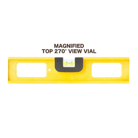 24 Inch Magnetic Top View Level Made In Usa Featuring Three Precision Vials For Dead On Accuracy Heavy Duty Frame with view of magnified 270° vial.