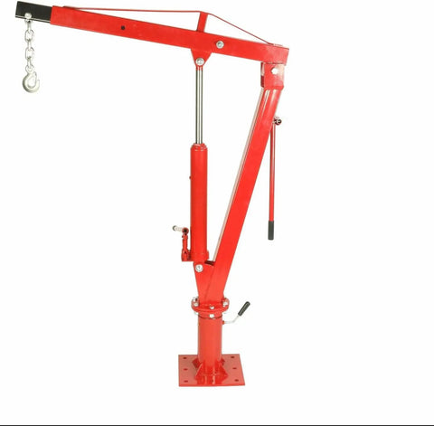Hydraulic Engine Hoist With Swivel Base And Foldable Davit Design For Pickup Trucks, red metal crane with chain hook and lever.