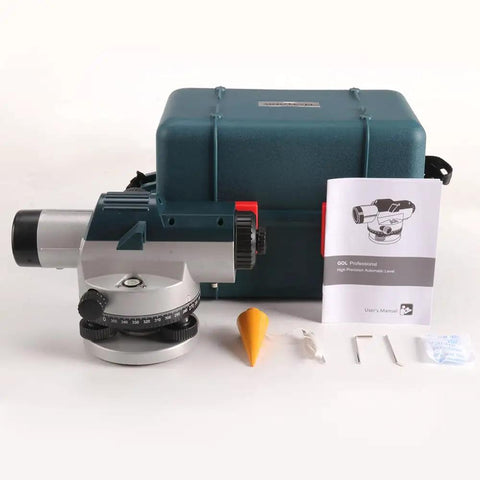 Pro Grade 32x Automatic Transit Level AL32 Self Leveling Optical Level with case and manual displayed on white surface