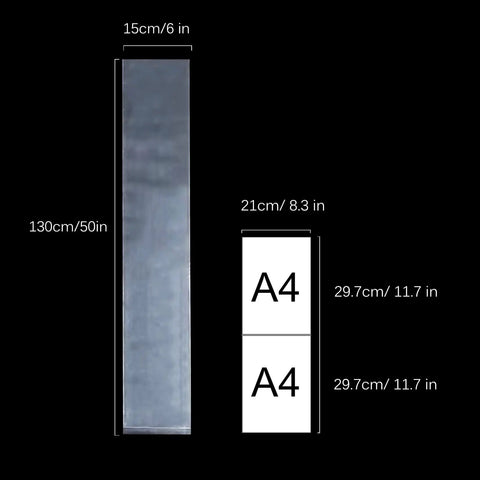 Heavy Duty 6x50 Inch Plastic Sleeves 50 Pack For Posters And Blueprints, 2 Mil Clear Poly Bags next to A4 paper for size comparison