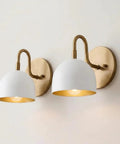 Modern Brass Bowl Wall Sconce - Mid Century Modern Light Fixture Pair (Set of 2) with white shades and gold interiors.