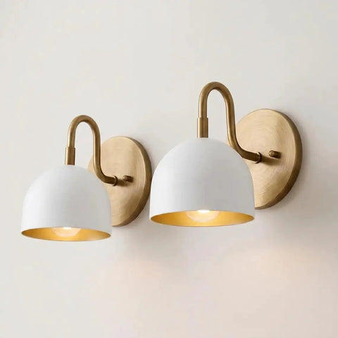 Modern Brass Bowl Wall Sconce - Mid Century Modern Light Fixture Pair (Set of 2) with white shades and gold interiors.
