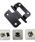 Close-up of SEWACC six-piece black iron inset cabinet door hinge set with self-closing hinges