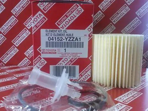 Lexus Toyota Oil Filter Set With Drain Plug Gaskets 04152 Yzza1, 5 Pack, OEM Quality Replacement Filters box and components visible