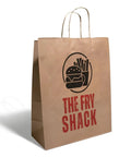 Custom Full Color Kraft Paper Bags With Handles 10 By 5 And A Half By 13 And A Quarter Inches Shop Ready Packaging For Branding Events Restaurants 100 Pack, featuring "The Fry Shack" branding.