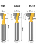 Pro Level Three Piece T Slot Router Bit Set With Eight Millimeter Shank Heavy Duty Keyhole Milling Cutters, 8X9, 8X3/8, 8X1/2 sizes shown.