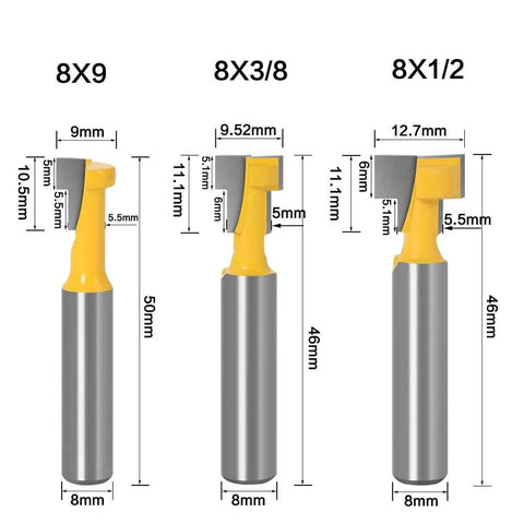 Pro Level Three Piece T Slot Router Bit Set With Eight Millimeter Shank Heavy Duty keyhole milling cutters with dimensions.