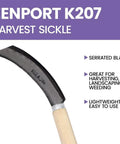 Harvest Sickle With Wooden Handle, Serrated 5 Inch Blade, Straight End For Clean Cuts, Garden Tool For Row Crops And Thick Stems