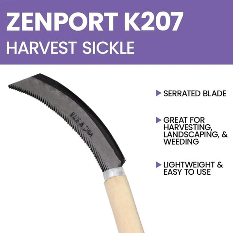 Harvest Sickle With Wooden Handle, Serrated 5 Inch Blade, Straight End For Clean Cuts, Garden Tool For Row Crops And Thick Stems