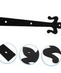 HAKIDZEL heavy-duty black iron cabinet door hinge with decorative fleur-de-lis end and three mounting holes.