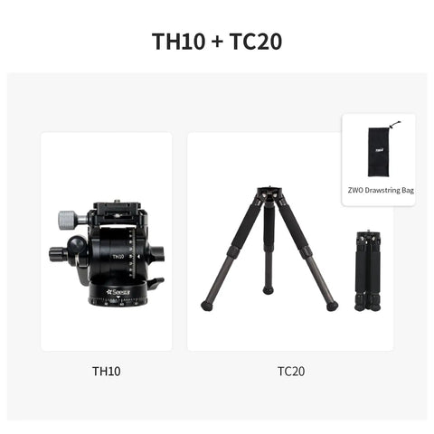 Fluid Tripod Head TH10 for Seestar Telescope in Equatorial Mode, Rock-Solid Tracking, and TC20 tripod with drawstring bag.