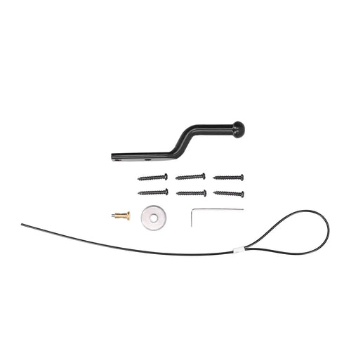 Heavy Gauge Iron Fence Lock With Self Locking Gate Latch And Adjustable Pull Cable Locks components including screws and cable for installation.