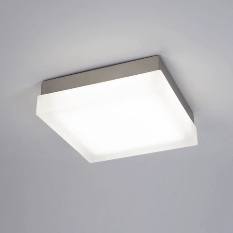 Dice 9 Inch LED Square Flush Mount Ceiling Light 3000K Chrome Finish, Energy Star Rated, mounted on a ceiling.
