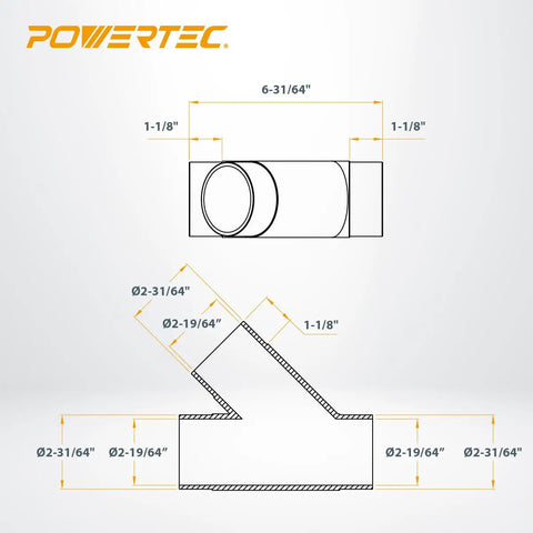 Get Your Workshop Pumping Hard With This PowerPac 5 Piece Dust Collection Blast Gate Set featuring diagram of 1-1/8 inch Y fitting dimensions.