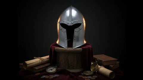 Medieval Barbuta Helmet With Liner for Larp, Cosplay, Halloween and Theatrical Props displayed on rustic setting