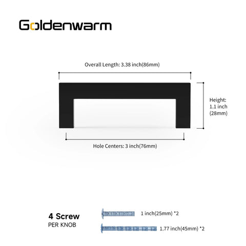 Diagram of 10 Pack 3 Inch Hole Center Solid Black Cabinet Handles showing dimensions and included screws.