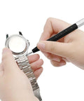 Using 3 In 1 Watch Repair Tool Kit With Pin Pusher And Spring Bar Remover MM Scale Bracelet Sizer to adjust metal watch band