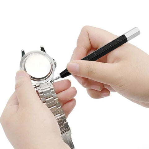 Using 3 In 1 Watch Repair Tool Kit With Pin Pusher And Spring Bar Remover MM Scale Bracelet Sizer to adjust metal watch band