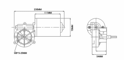 Powerful 100W DC Turbine Reducer Motor With 12V And 24V Options dimensions showing side and front views for robotics and automation use.