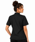 Womens Short Sleeve Double Breasted Black Chef Coat Featuring Ten Pearl Buttons And Tailored Kitchen Fit back view.