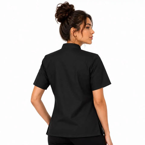Womens Short Sleeve Double Breasted Black Chef Coat Featuring Ten Pearl Buttons And Tailored Kitchen Fit back view.