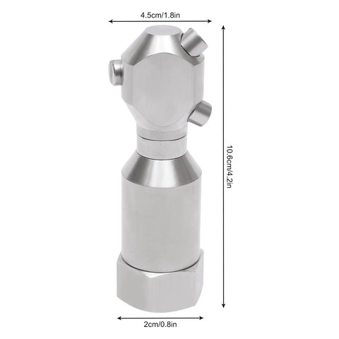 Front view of 360° rotating spray nozzle in 304 stainless steel, 1/2 inch inlet, for barrel and tank cleaning.